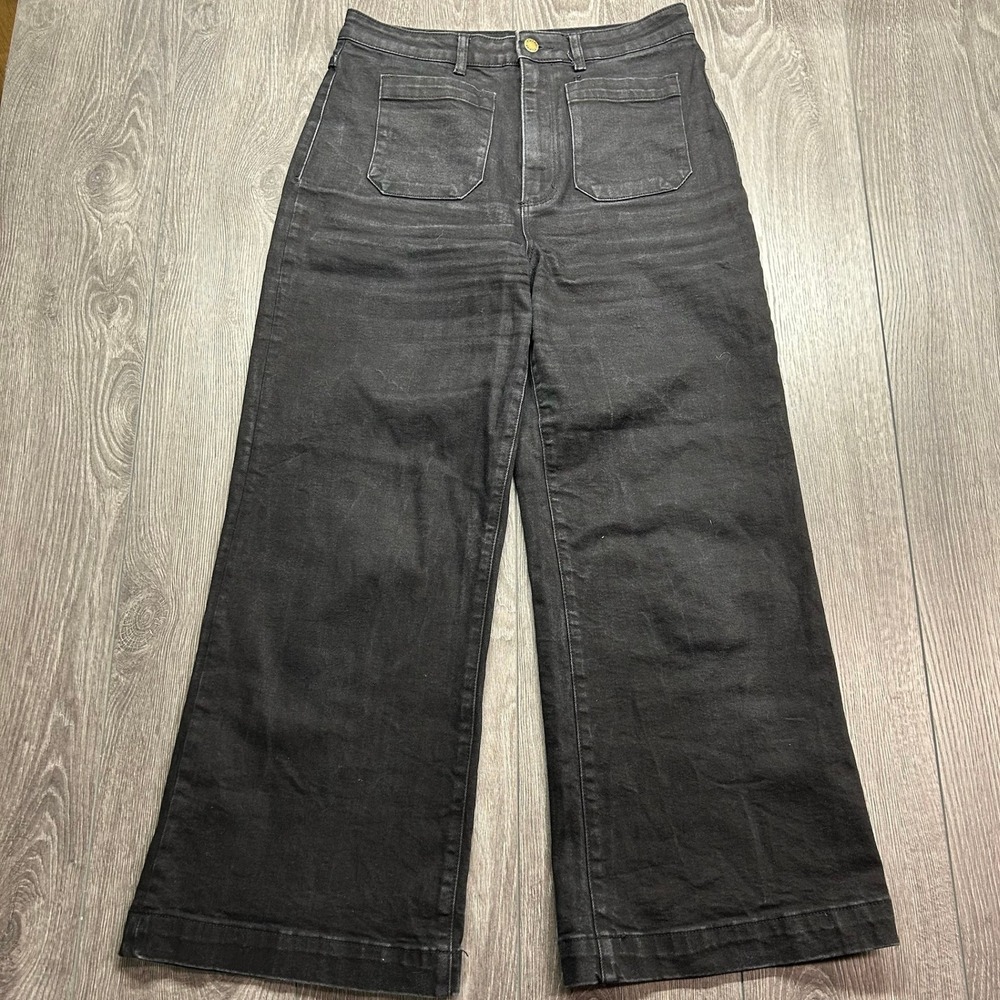 Rollas High Rise Wide Leg Jeans Faded Black Size 31 Aussie 13 Patch Pocket Denim
